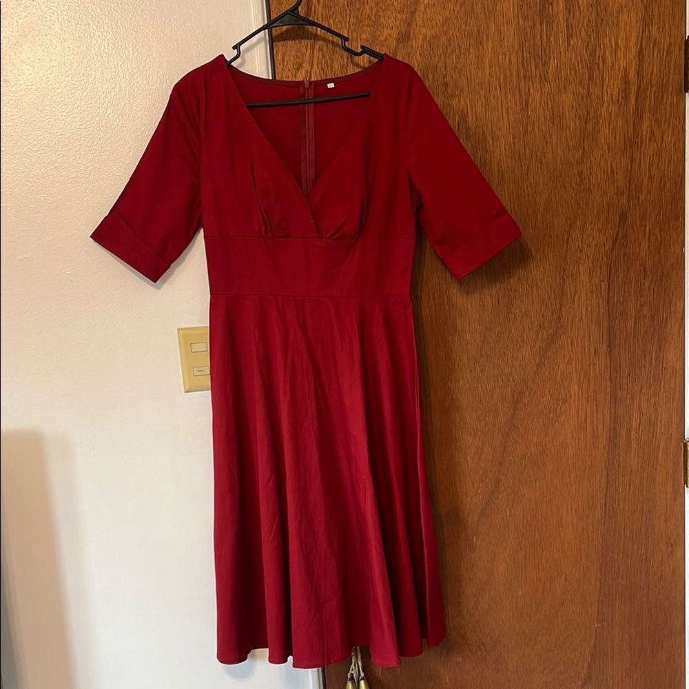 Vibrant Red Midi A-line Dress with Plunge Neckline and 3/4 Sleeves for Cocktail